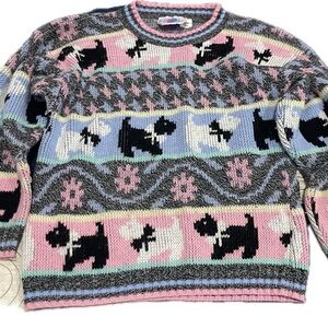Vintage Girly girl Heartworks Knit Sweater Scottie Dog Bow Pink Large Coquette